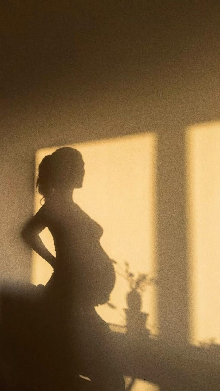 Silhouette of a pregnant woman standing indoors with sunlight casting shadows on the wall, including window shadows and a potted plant.