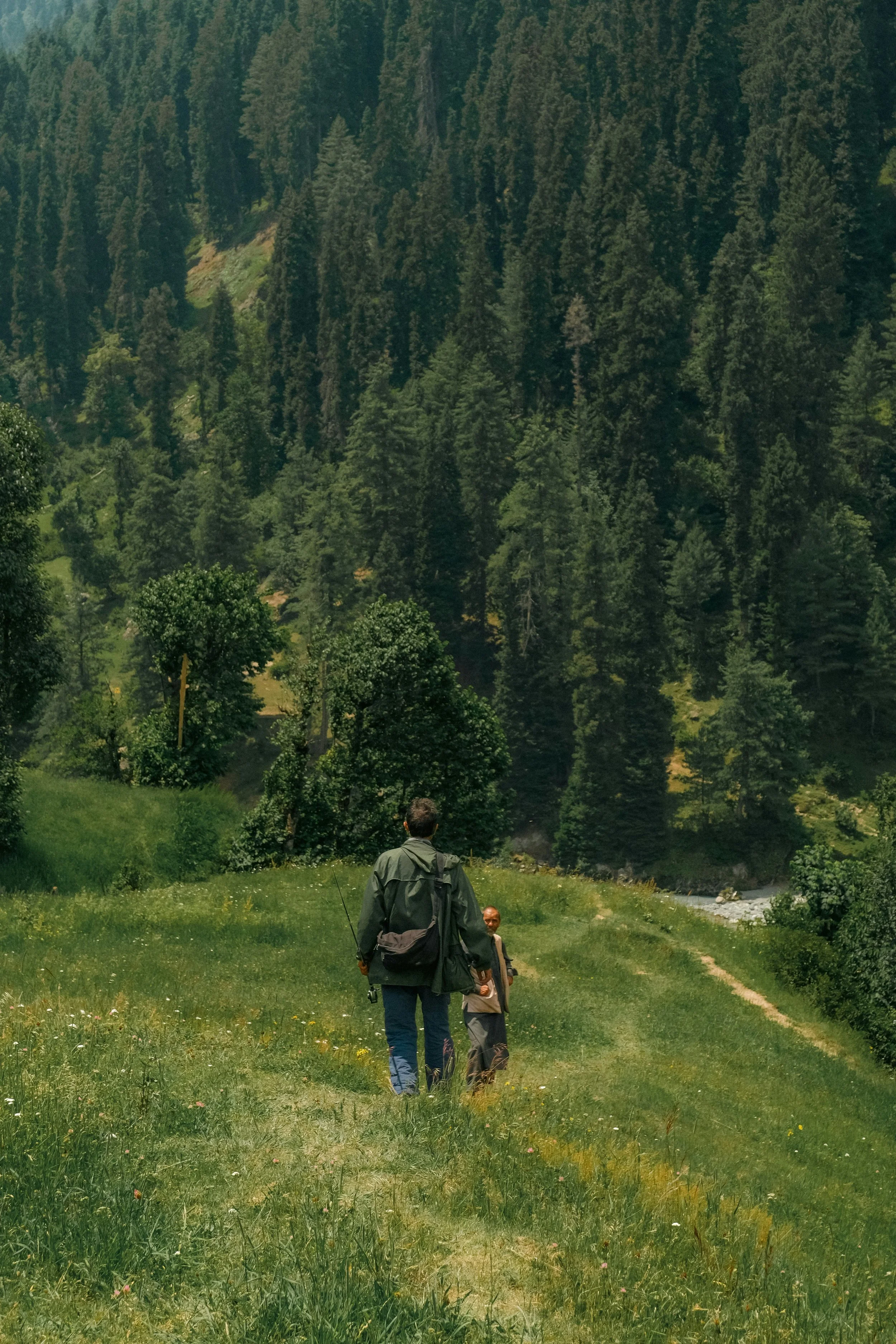 Two people hiking on a grassy trail in a lush, forested area with tall trees and mountain slopes in the background.