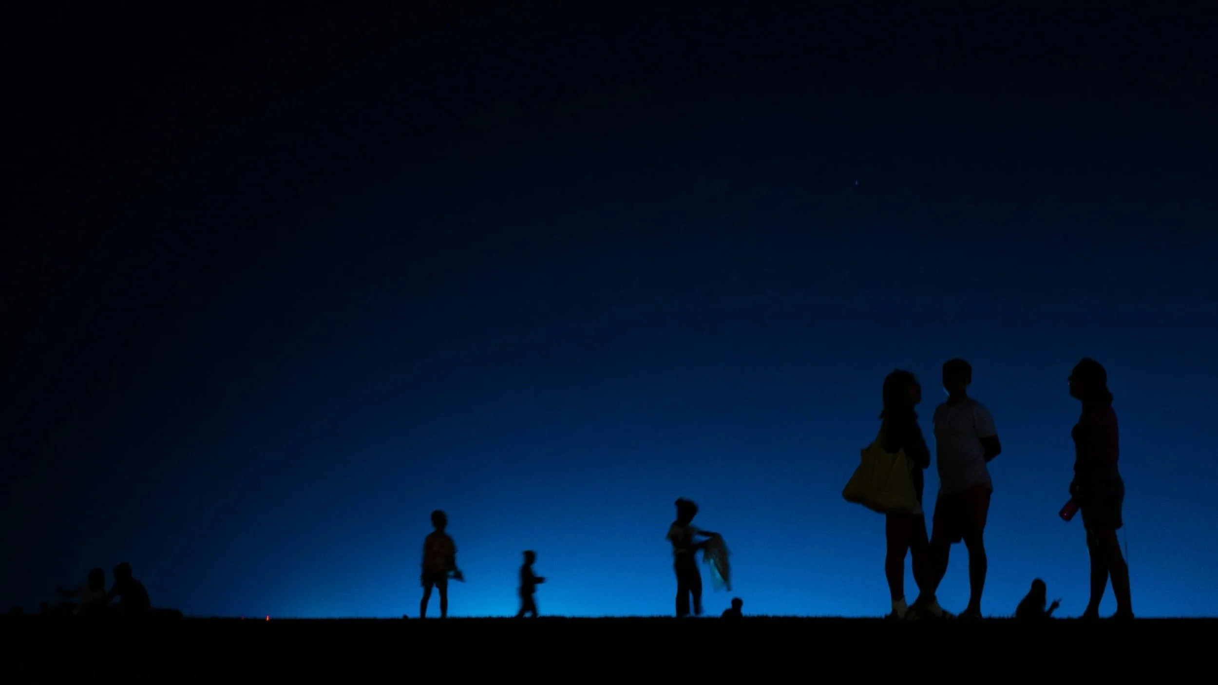 Silhouettes of people, including children, standing and talking under a darkening sky at dusk with a few visible stars.