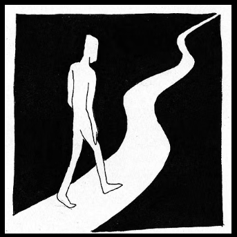 A silhouette of a person walking along a winding path against a black background.
