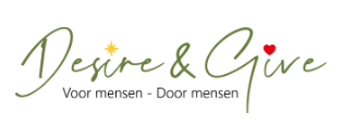 Logo with the words 'Desire & Give' in green script, with a yellow star over the 'i' in 'Desire' and a red heart dotting the 'i' in 'Give'. Underneath, it says 'Voor mensen - Door mensen' in smaller gray text.