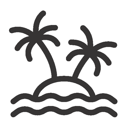 Icon von einer kleinen Insel mit zwei Palmbäumen, Wellen und Wasser daran.