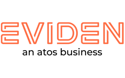 The word 'EVIDEN' written in stylized orange font with black accents.