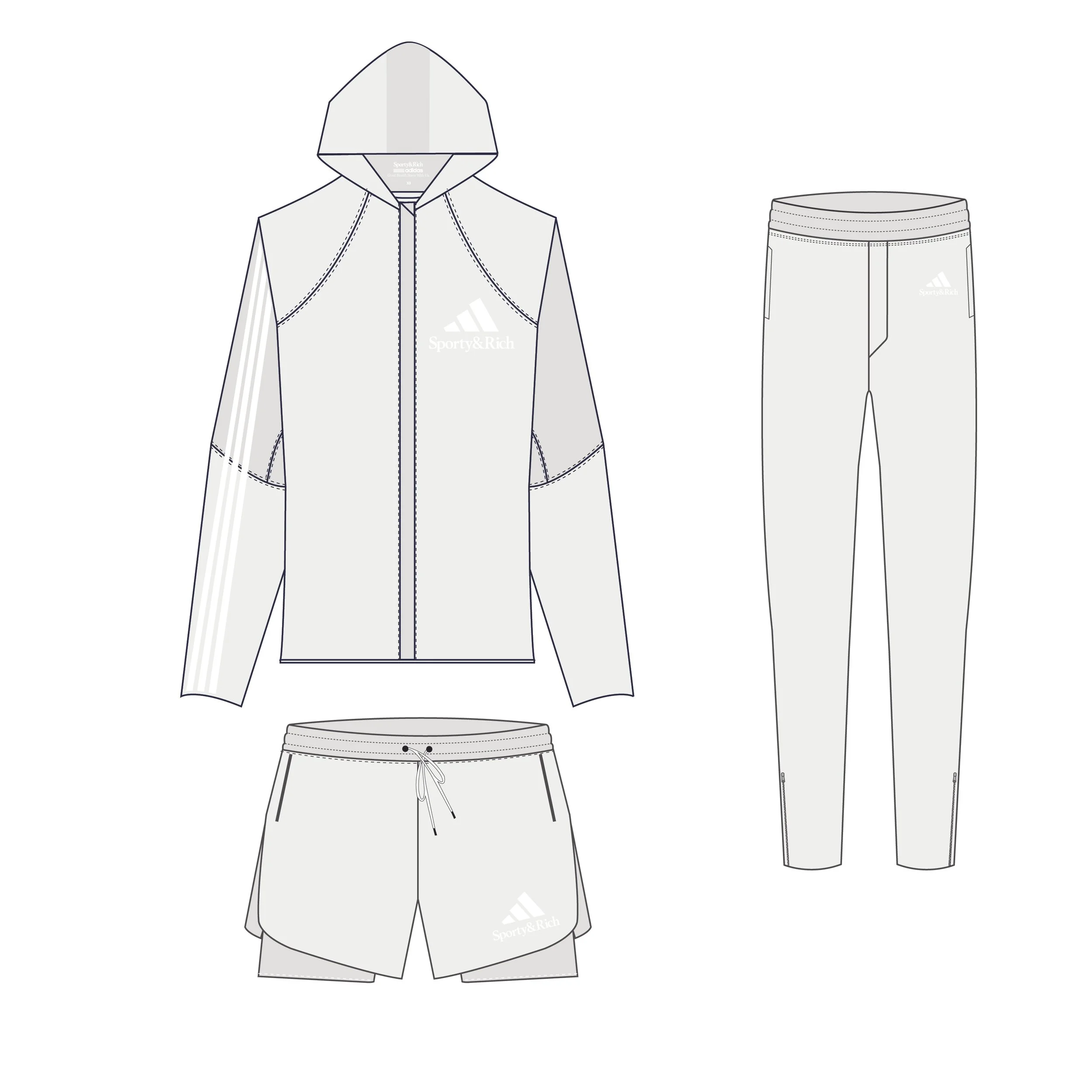 S&R x Adidas Running winder breaker, zip pant, and built in compression running short