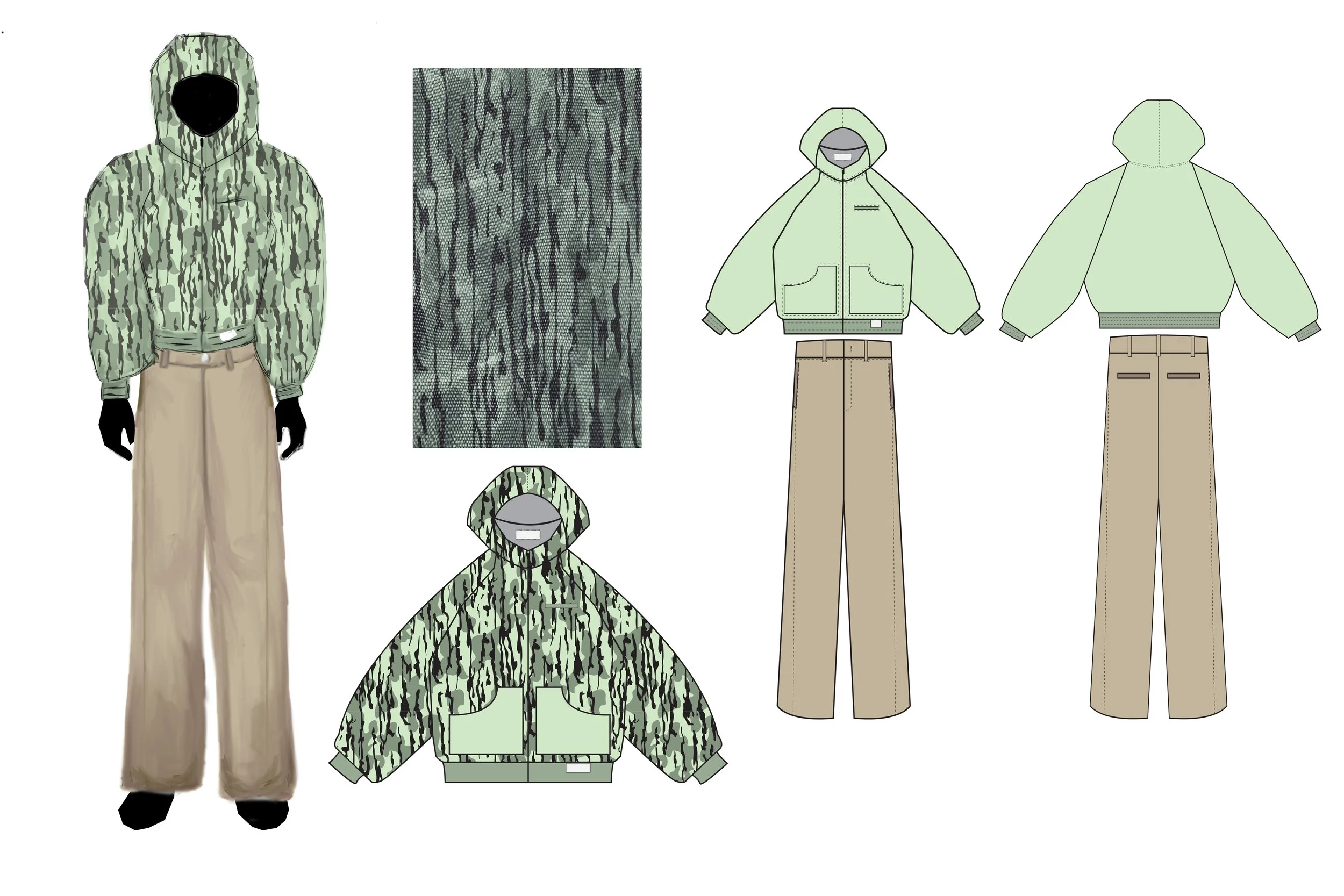 Hooded Work Jacket with custom print, wide leg khaki work pants