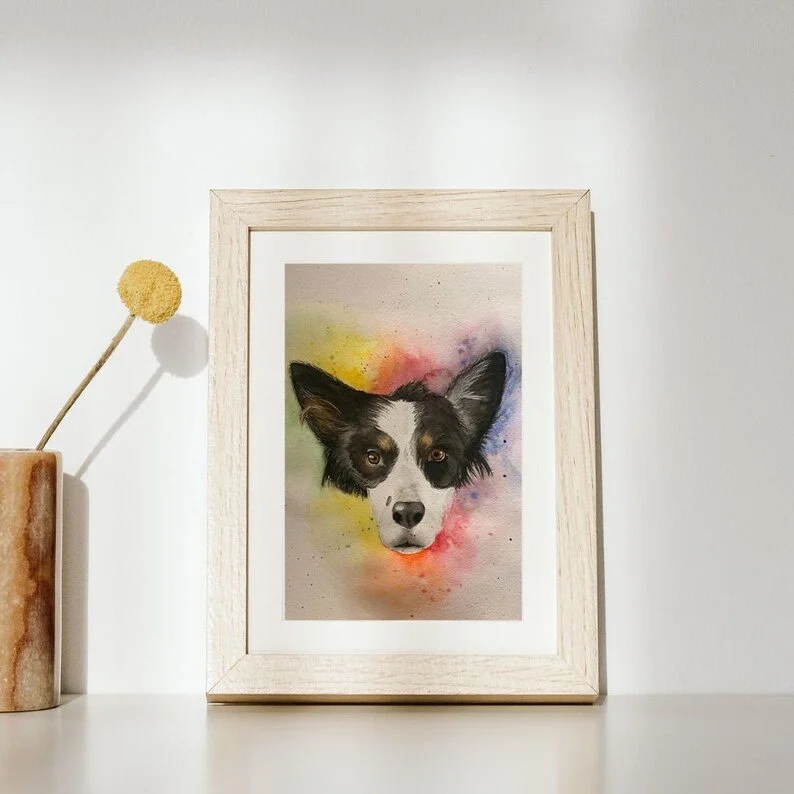 Watercolor painting of a border collie dog with a colorful background, framed and placed on a shelf, with a potted plant and yellow pom-pom decorative object nearby.