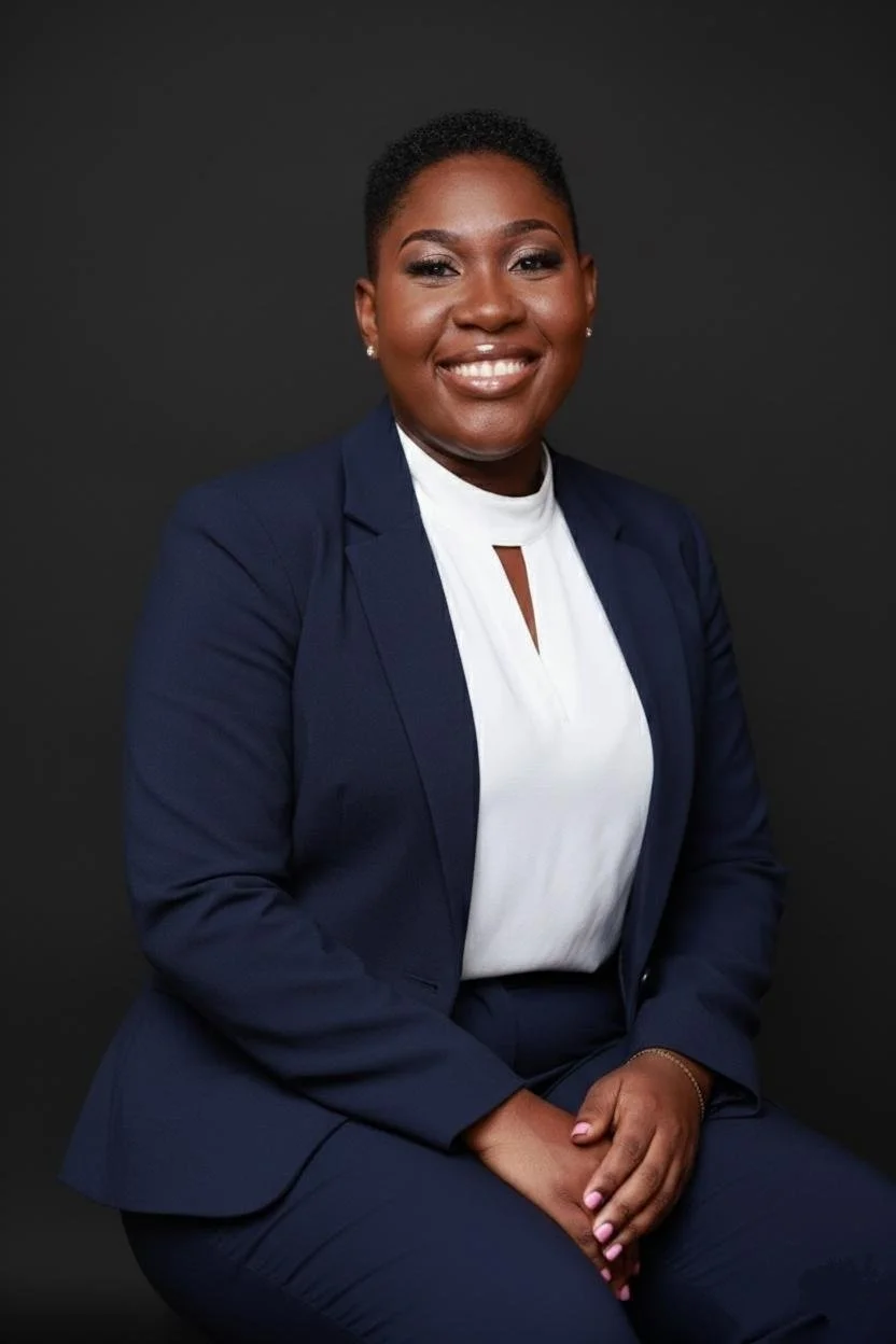 Portrait of a smiling African American woman in a navy blazer and white blouse against a black background.
