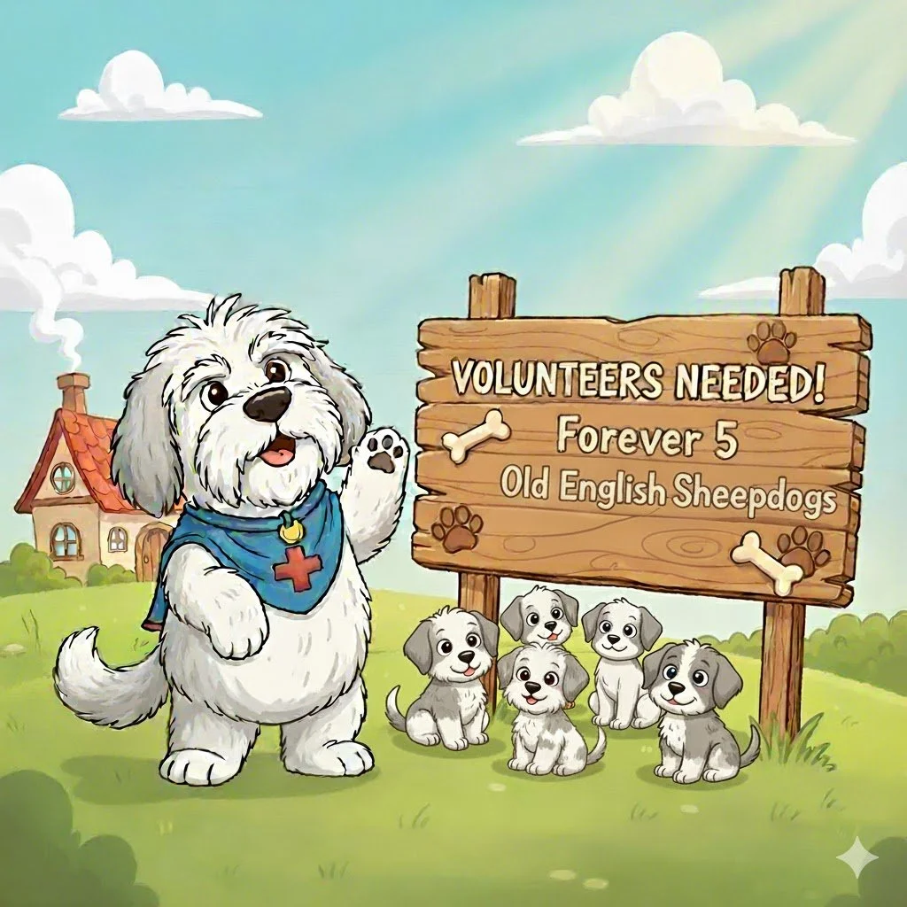 A cartoon illustration of a white Old English Sheepdog with a blue medical cape, standing on grass with a house in the background and five puppy sheepdogs sitting below a wooden sign that reads 'Volunteers Needed! Forever 5 Old English Sheepdogs'.