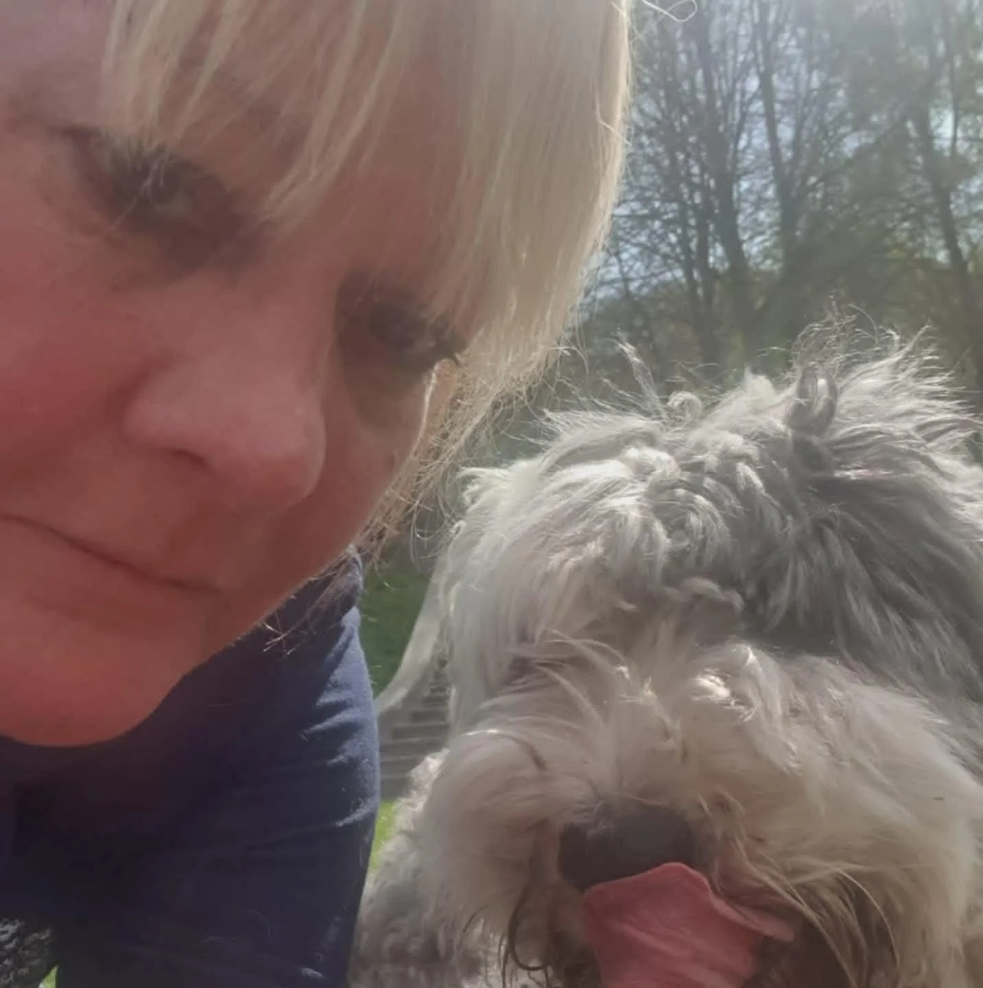 A woman with blond hair taking a selfie with her shaggy gray and white dog outside on a sunny day, with trees in the background.