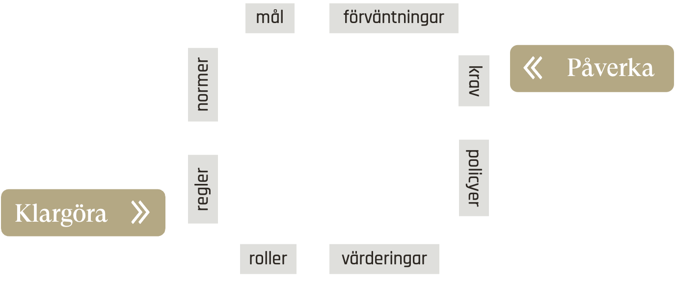 Flowchart illustrating steps in a process with boxes labeled in Swedish, including 'mål' (goals), 'förväntningar' (expectations), 'krav' (requirements), 'värderingar' (values), 'roller' (roles), 'regler' (rules), 'normaler' (norms), and 'policy' (policy). Contains buttons labeled 'Klargöra' (clarify) and 'Påverka' (influence).