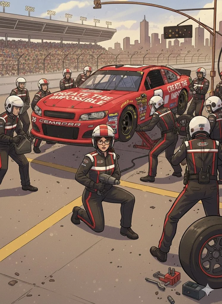 Race car pit crew changing a tire at the track during a race, with team members wearing helmets and work suits, and a city skyline in the background.