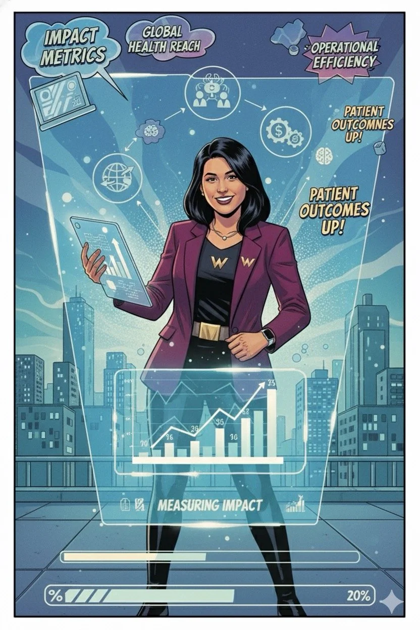 Illustration of a woman in a cityscape, holding a tablet with graphs, surrounded by icons and text related to impact metrics, global health reach, operational efficiency, and patient outcomes.