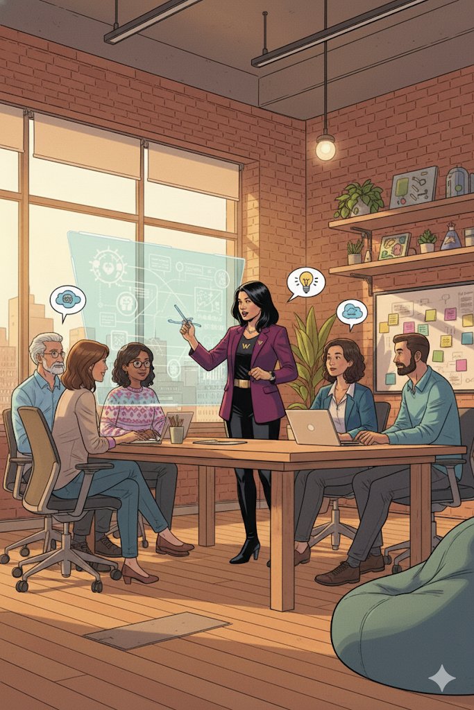 A woman is giving a presentation to a group in a modern office with brick walls, large windows, and plants. The group consists of three women and two men, sitting around a table with laptops. There is a digital transparent screen showing futuristic designs, and the woman is pointing at it with a stylus. The room has hanging lights, shelves with books and plants, and a whiteboard with sticky notes.