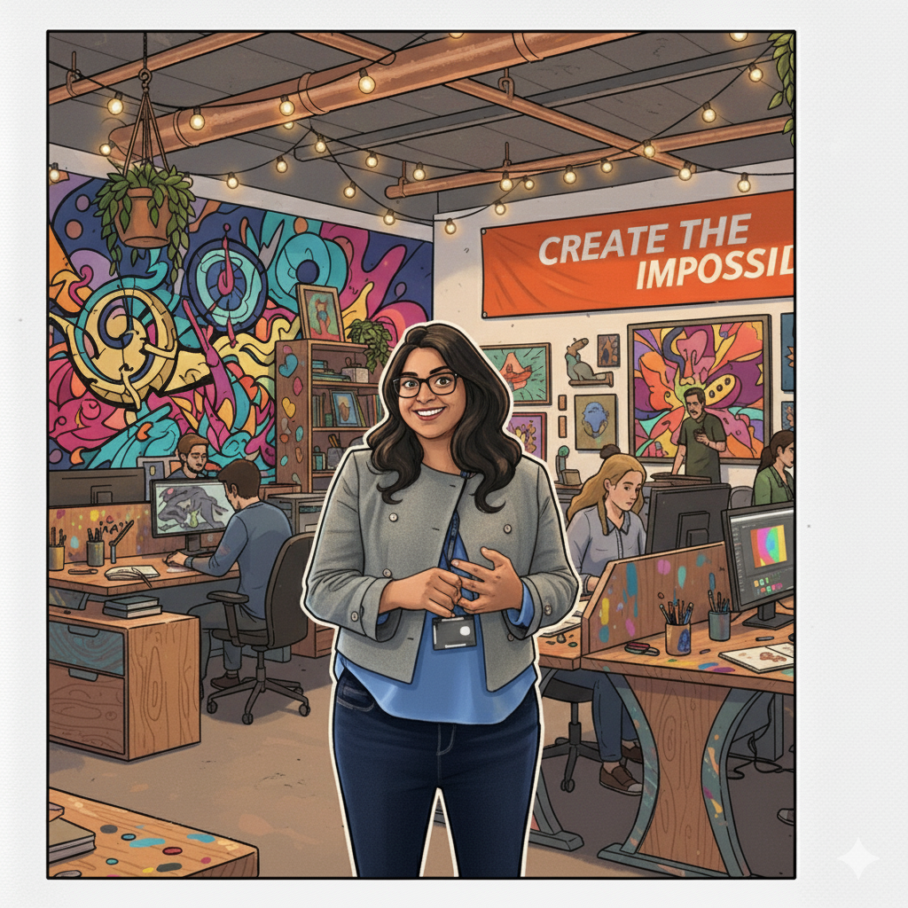 A woman smiles at the camera in a vibrant art studio filled with colorful artwork, paintings, and creative tools, illuminated by string lights and decorated with a large orange banner reading 'CREATE THE IMPOSSIBLE'.