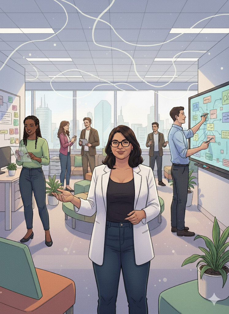 Business professionals working in a modern office with large windows, city skyline, whiteboard, and potted plants.