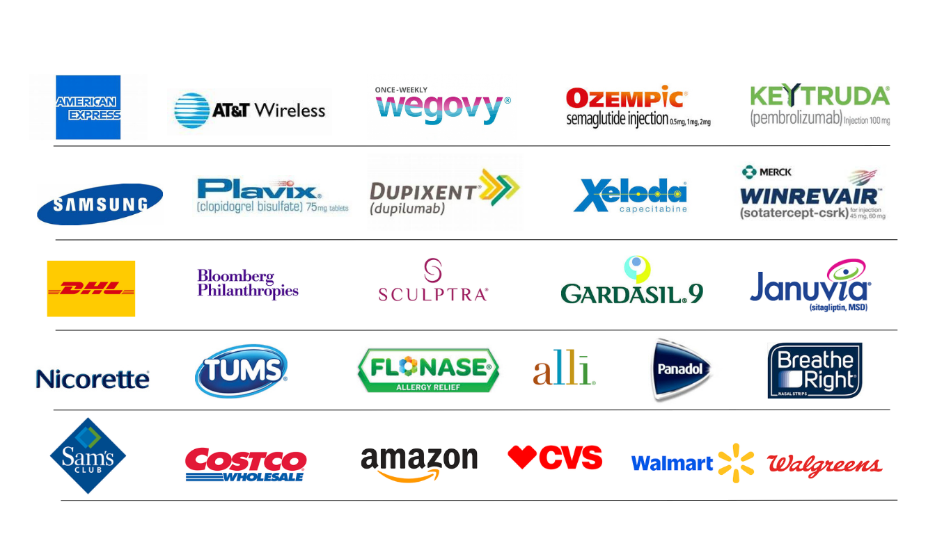 Collection of logos from various brands including American Express, AT&T Wireless, Wegovy, Ozempic, Keytruda, Samsung, Plavix, Dupixent, Xeloda, WinRevar, DHL, Bloomberg Philanthropies, Sculptra, Gardasil 9, Januvia, Nicorette, Tums, Flonase, alli, Panadol, Breathe Right, Sam's Club, Costco, Amazon, CVS, Walmart, and Walgreens.