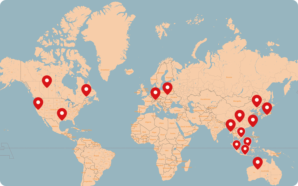 World map showing various locations marked with red map pins, including North America, Europe, Asia, and Australia.