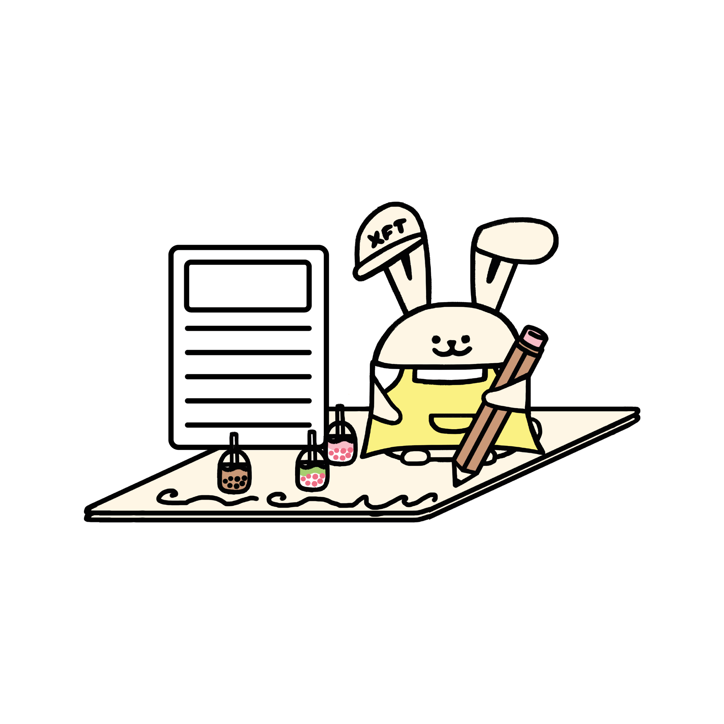 Cute bunny character wearing a yellow apron, holding a big pencil, sitting on a desk with a notebook, three jars of bubble tea nearby, and a computer monitor in the background.