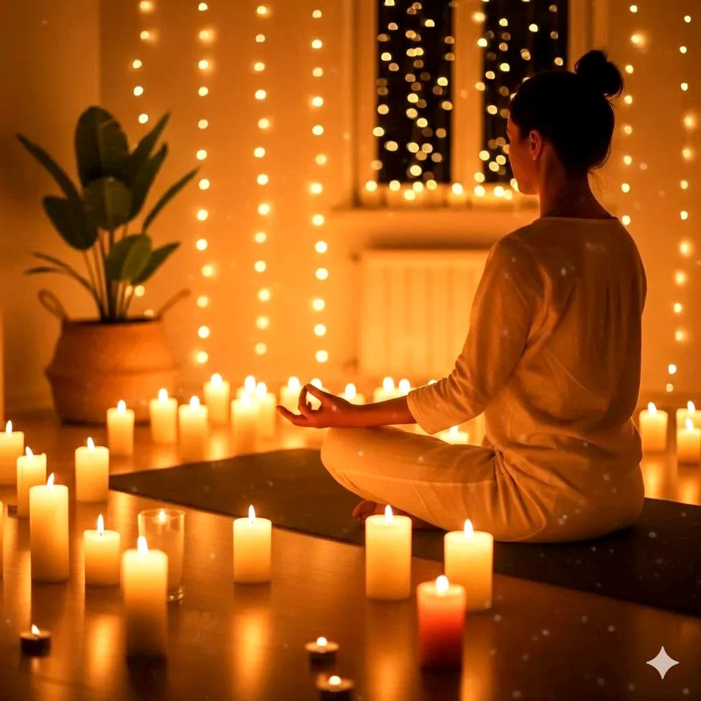 A woman practicing meditation in a dimly lit room filled with candles and string lights.