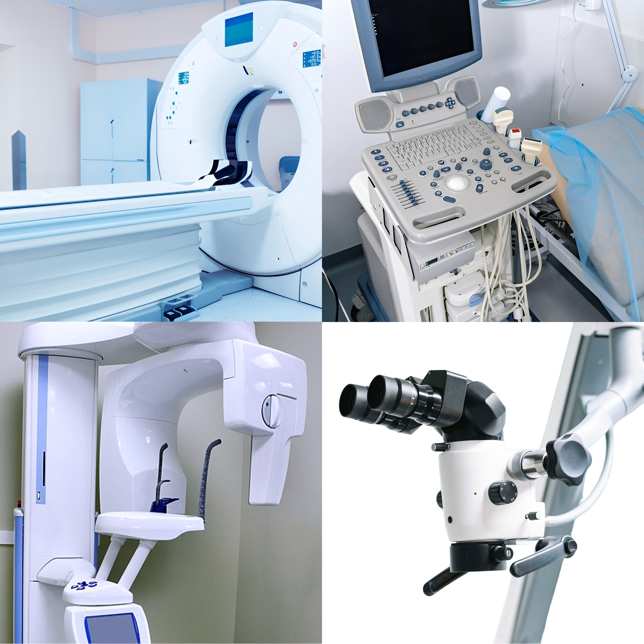 Collage of medical imaging equipment including a CT scan machine, ultrasound machine, dental X-ray machine, and a surgical microscope.