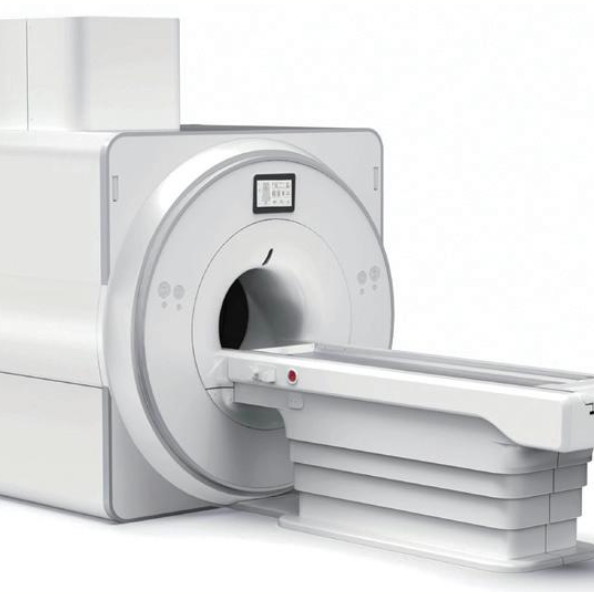 A white medical CT scanner with a digital display screen on the front and a sliding table for patients.
