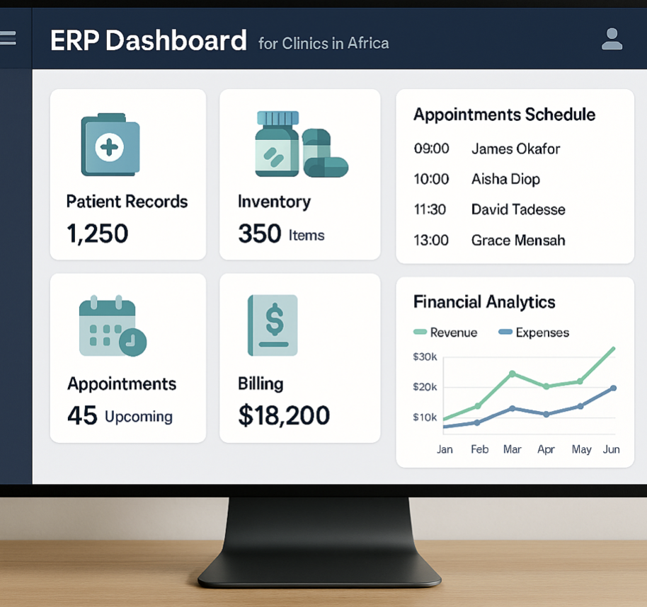 ERP dashboard for clinics in Africa displaying patient records, inventory items, upcoming appointments, billing total, appointment schedule, and financial analytics chart.