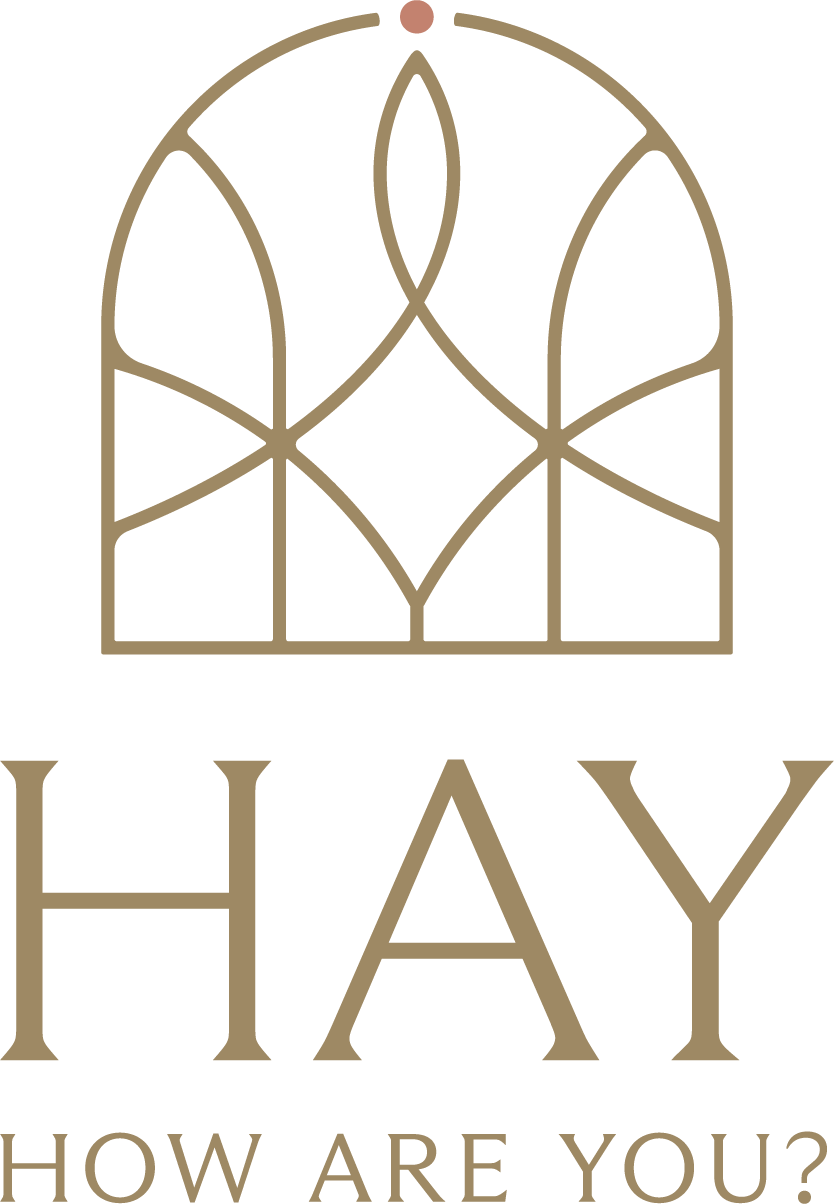 A decorative logo with an arched window and the word "HAY" below, followed by the question "How are you?"
