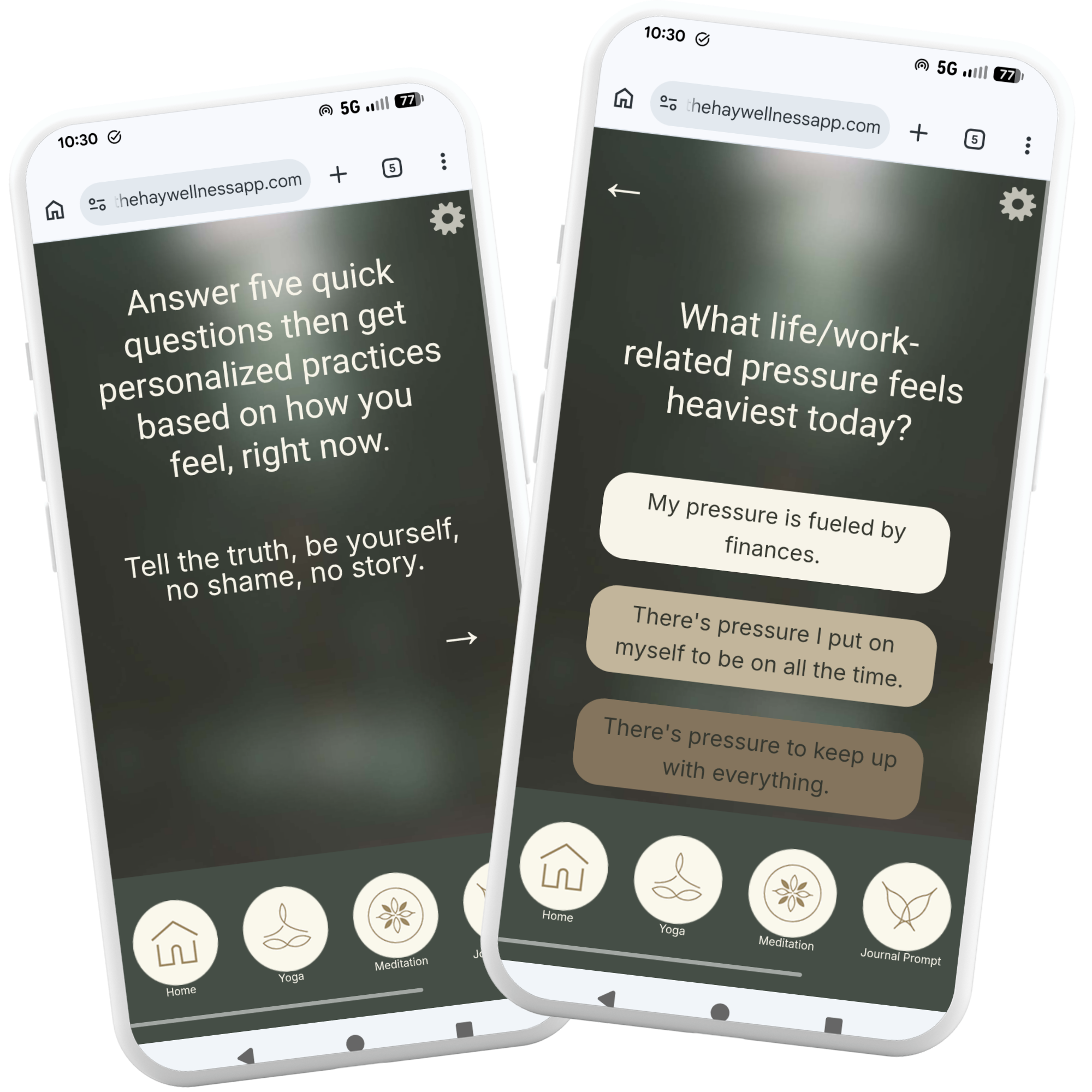Two smartphone screens display an app with sections for health and wellness activities, such as yoga, meditation, and journal prompts. The screens show informational text about stress management and wellness practices.