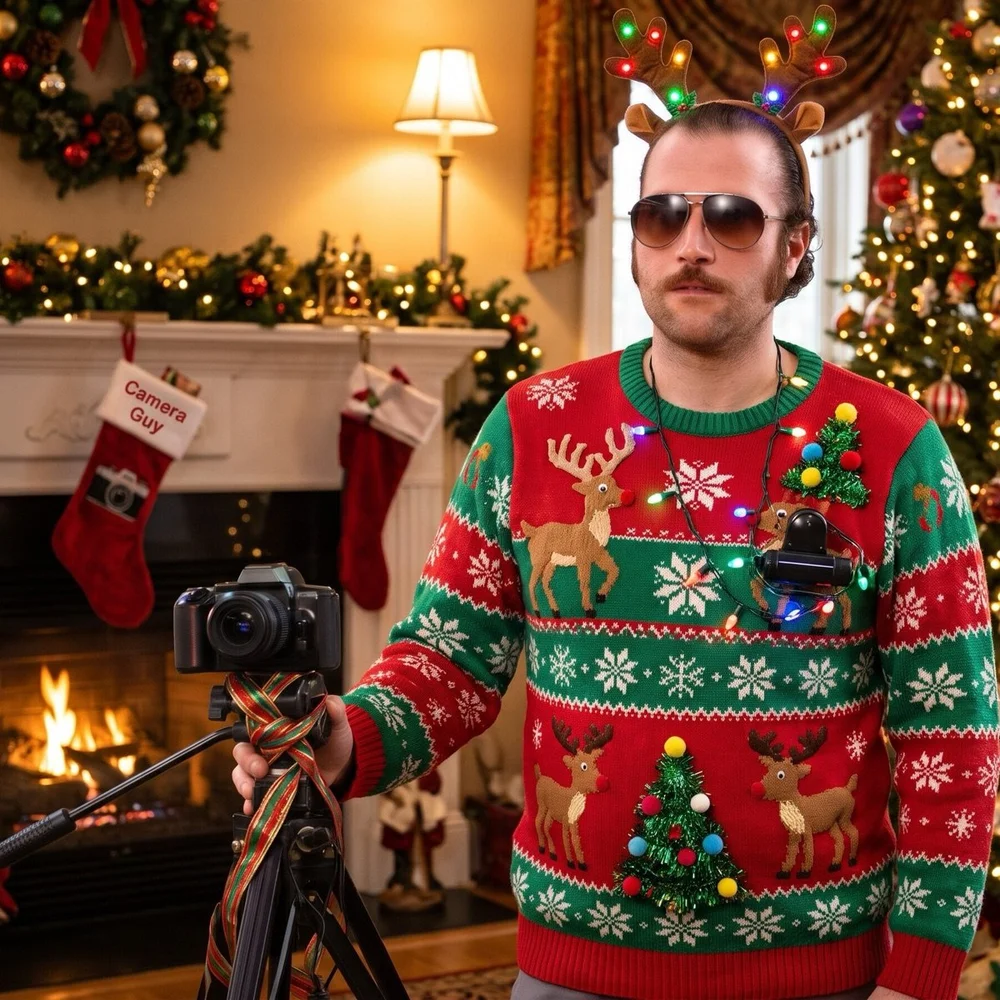 Dezelfde foto in de AI-stijl Foute kersttrui