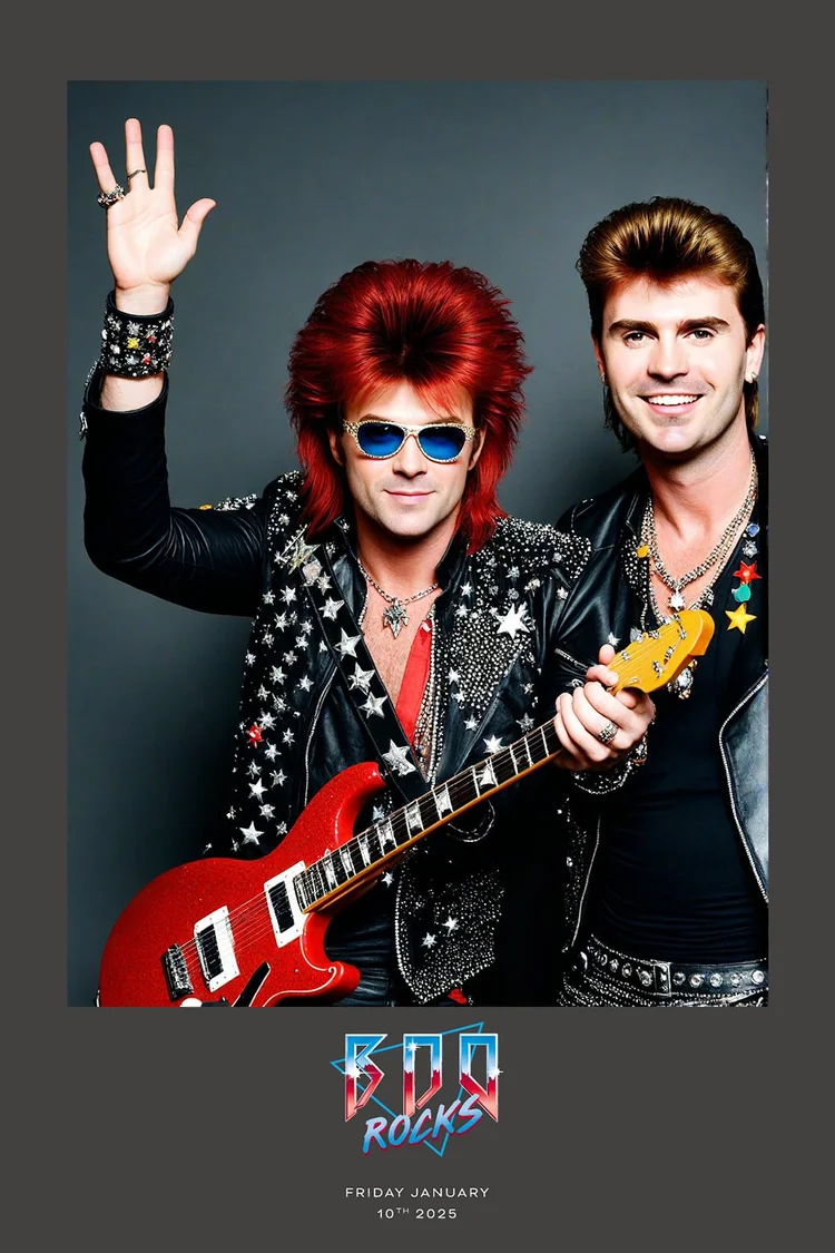 AI-print van BDO Rocks: twee collega’s als glamrockers met gitaar
