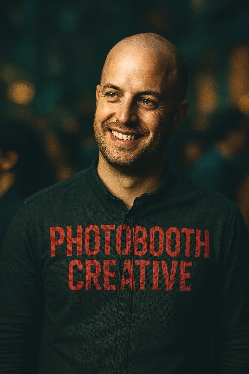 Een lachende man met een kale kop draagt een zwarte shirt met de rode tekst 'Photobooth Creative'.