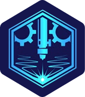 A stylized logo of mm creative designs featuring gears with a 3d printer nozzle shooting laser rays in a hexagon shape, rendered in shades of blue.