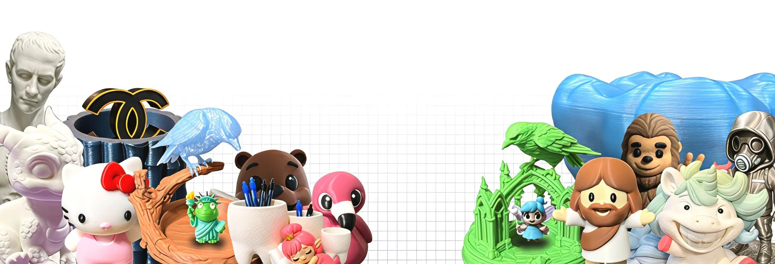 Collection of various cartoon and toy characters arranged on a white grid background.