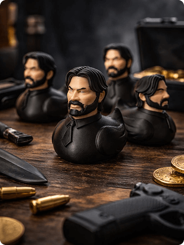 Black figurines of a man with dark hair and beard, positioned on a wooden surface, surrounded by gold coins, bullets, and other black objects, with a dark background.