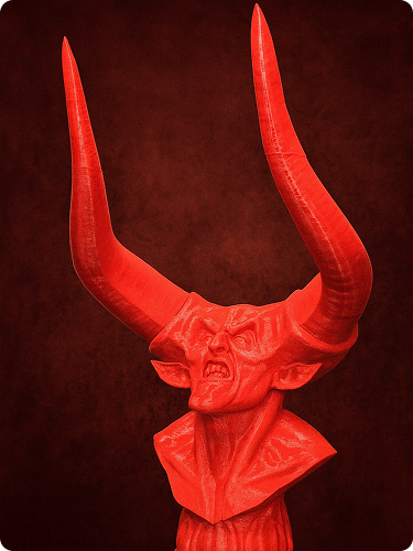 Red sculpture of a demon with large horns, an angry face, and a detailed neck and shoulders against a dark background.