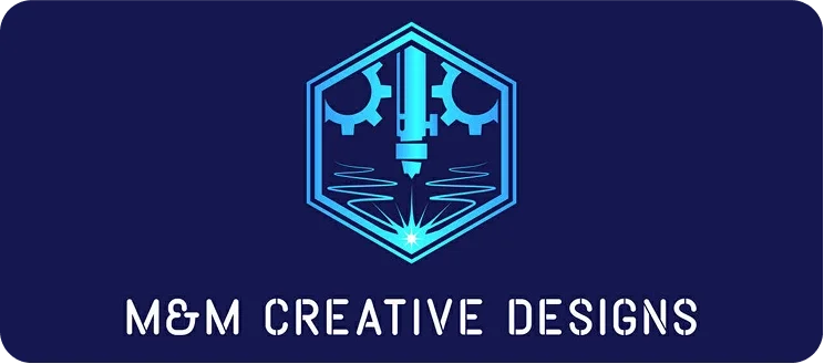 Logo for M&M Creative Designs, featuring a stylized mechanical gear with a fountain pen in the center, emitting light and lines, on a dark blue background.