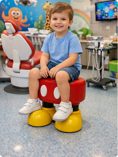 A young boy sitting on a red, mushroom-shaped stool with yellow feet, smiling in a colorful playroom or medical office designed for children.