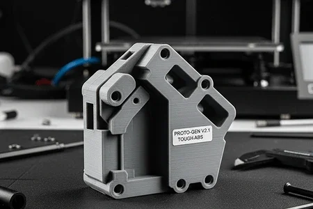 A gray 3D-printed mechanical part labeled 'PROTO-GEN V2.1 TOUGH-ABS' on a black surface with tools and equipment in the background 3D printed (SLA) using tough resin.