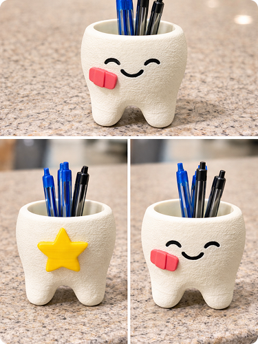 Cute toothbrush holder shaped like a tooth with a smiling face and pink tongue, holding blue and black pens. It has a yellow star decoration on the side.