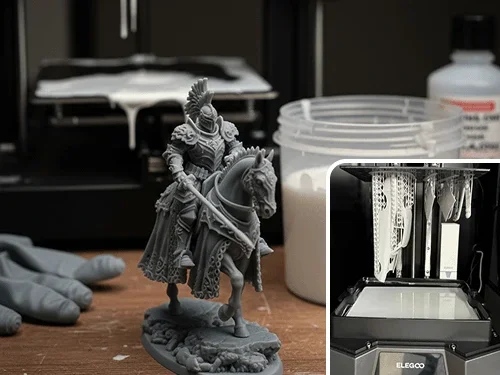 A detailed knight figurine on a horse made of gray material 3d printed using SLA resin process, placed on a wooden surface next to a 3D printer and a white container, with tools and supplies in the background.