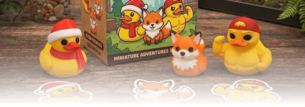 Two yellow rubber duck toys dressed for Christmas, one with a Santa hat and scarf, the other with a red baseball cap. Two small fox toys, one standing and another with a sitting posture. There are also three cartoon stickers of the same rubber duck, fox, and duck with muscles.