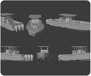 Line drawing of three boats, front view on the top row, side view on the bottom row, against a dark background.
