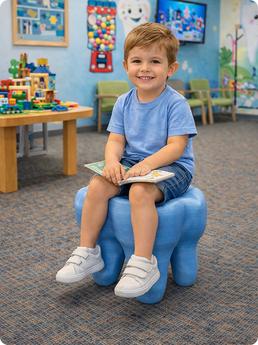 A young boy sitting on a blue plush stool in a colorful playroom, holding a book and smiling at the camera.