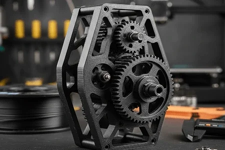Black 3D-printed gear mechanism with visible gears and frame on a workbench 3d printed using Nylon.