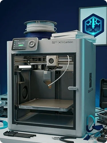 bambu lab 3d printer in a work table that looks broken and needs repair.