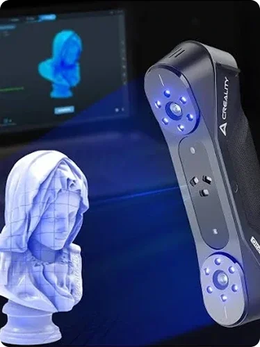 A device with blue LED lights and the logo 'CREALIM' is shown next to a computer screen. The screen displays a 3D wireframe model of a person's head.