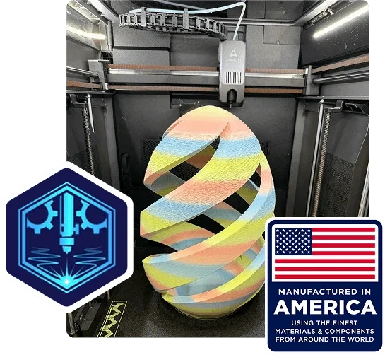 3d print custom egg style design with mm creative design logo and manufactured in america badge