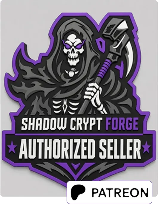 A skeleton figure with purple glowing eyes and wearing a black hooded cloak, holding a large hammer. The image includes text that reads 'Shadow Crypt Forge Authorized Seller' with purple and black accents, and a Patreon logo at the bottom.