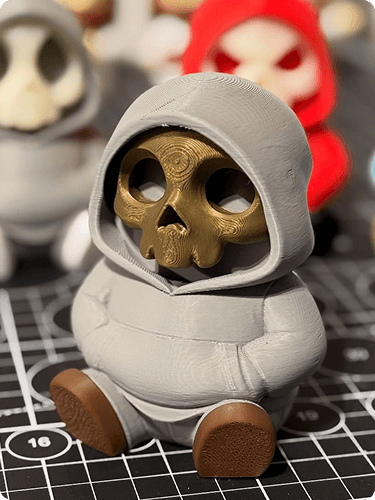 A toy figurine with a skull face wearing a gray hoodie and white outfit, sitting on a cutting mat with other skull-themed toys in the background.