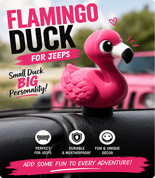 Pink flamingo-shaped duck toy on a car dashboard, with a blurred outdoor background and pink text promoting it as a fun, durable, weatherproof Jeep accessory.